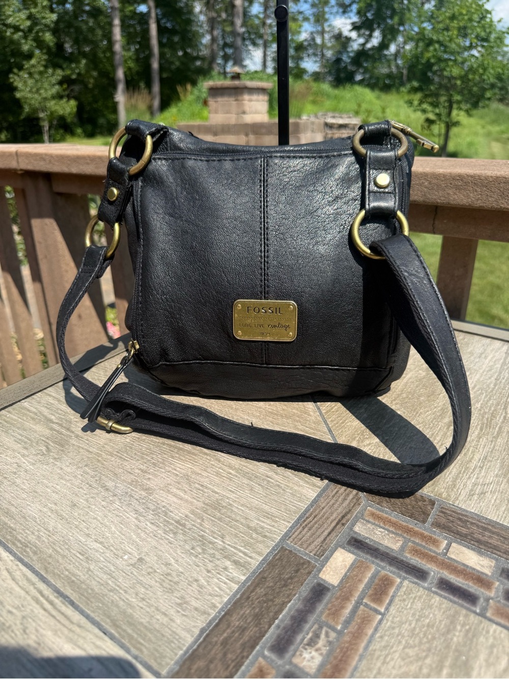 Fossil Long Live Vintage Black Leather Crossbody Bag with Brass Hardware